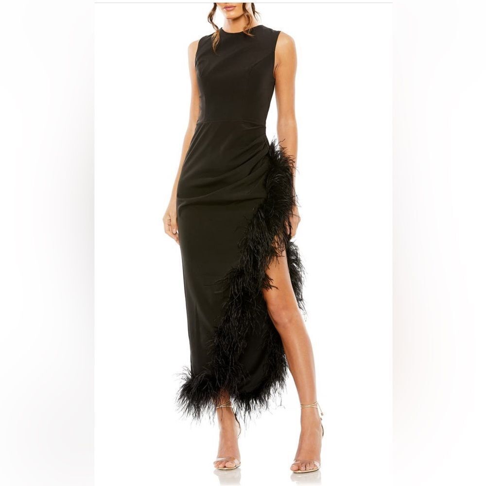Mac Duggal Black Feather Trim Dress